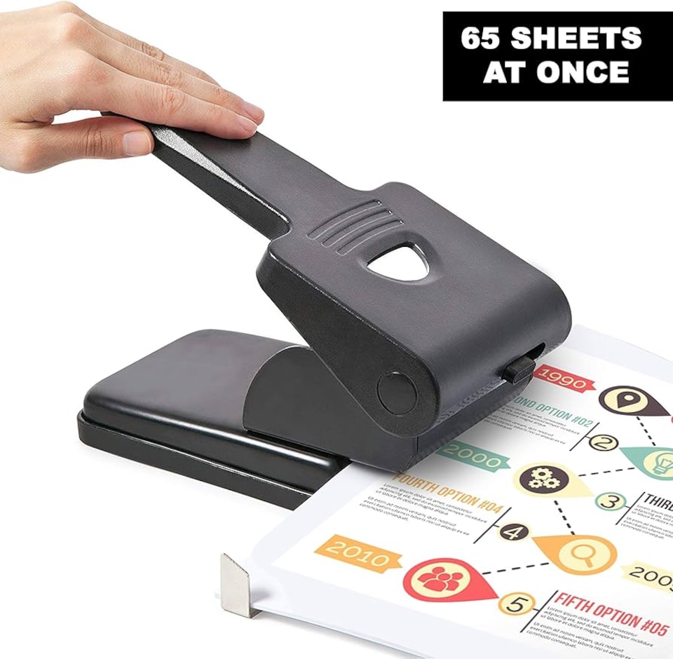 image 1 of 5 Star Heavy Duty 2 Hole Punch Metal with Plastic Base Capacity 65 Sheets Black 918583