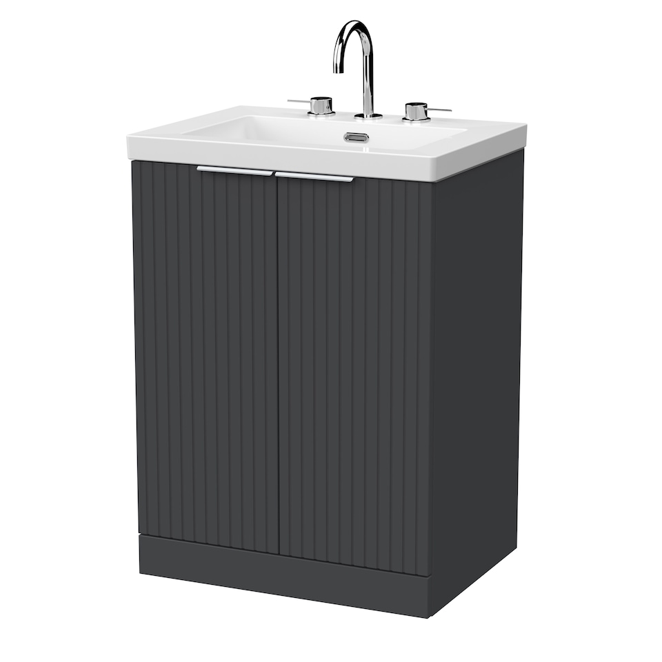 image 1 of Balterley Callingwood Contemporary Floor Standing 2 Door Vanity Unit with 3 Tap Hole Fireclay Basin , 600mm, Dark Grey