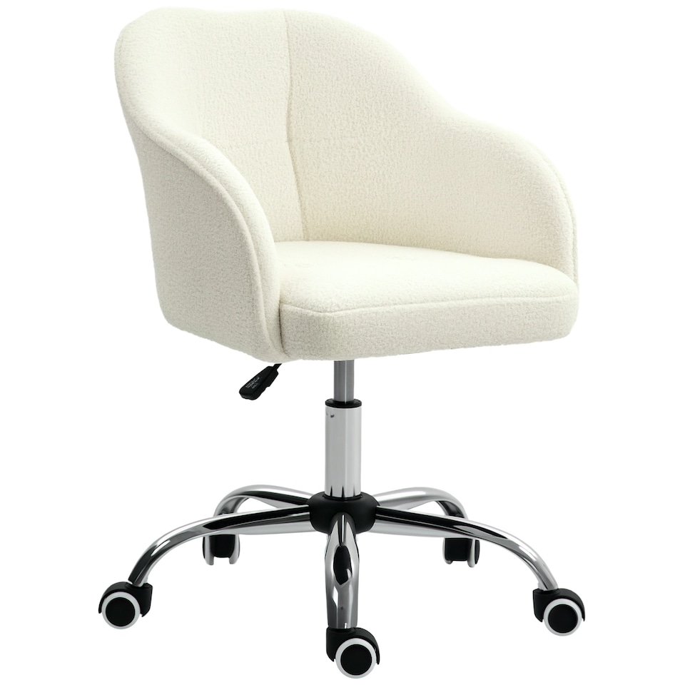 image 1 of HOMCOM Vanity Swivel Chair, Teddy Fleece Office Desk Chair with Adjustable Height for Home, Study, Bedroom, Makeup, Cream White