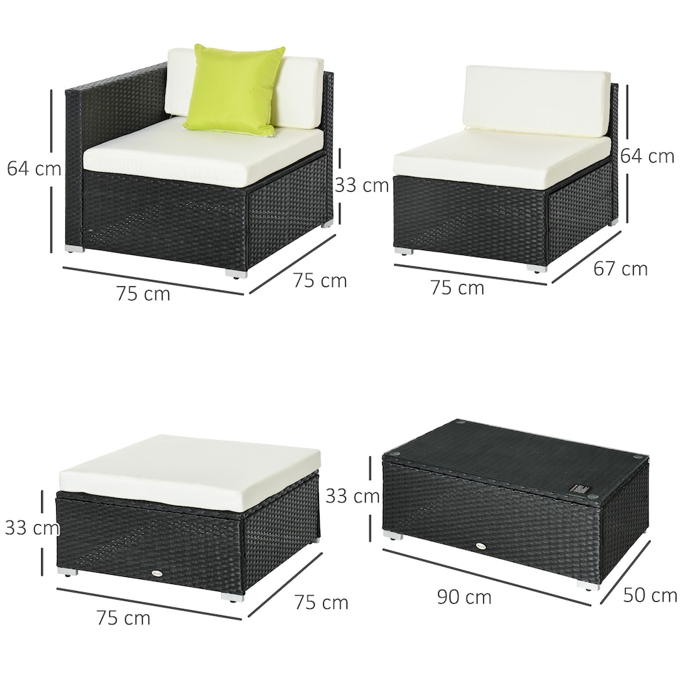 image 1 of Outsunny 5 Pieces PE Rattan Garden Furniture Set with Cushions, Outdoor Corner Sofa, Patio Sectional Conversation Furniture Sets with Glass Top Coffee Table, Black