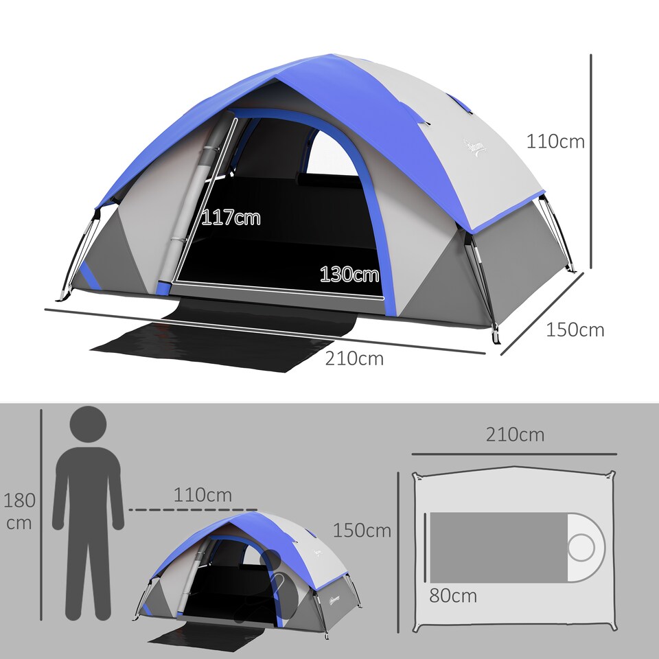 image 1 of Outsunny 2 Man Camping Tent with Sewn-in Groundsheet, 3000mm Waterproof, Blue | Blue | Grey and Dark Blue