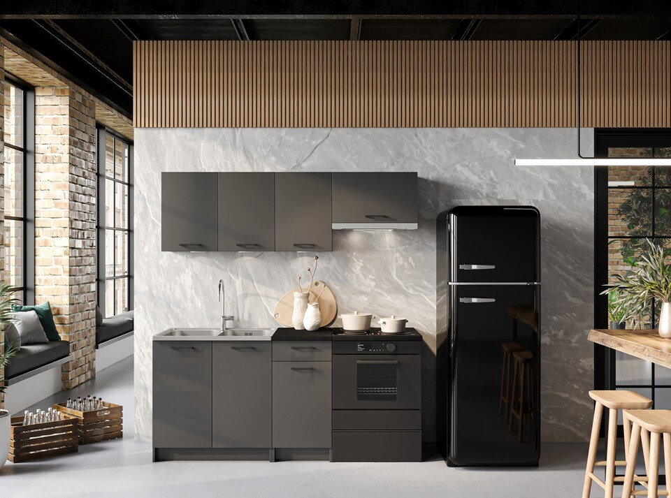 image 1 of Kitchen Cabinets 5 Unit with Sit On Sink Black Grey Complete Kitchenette 180cm DIY Set Fitted Kitchen Package with Worktop Lina