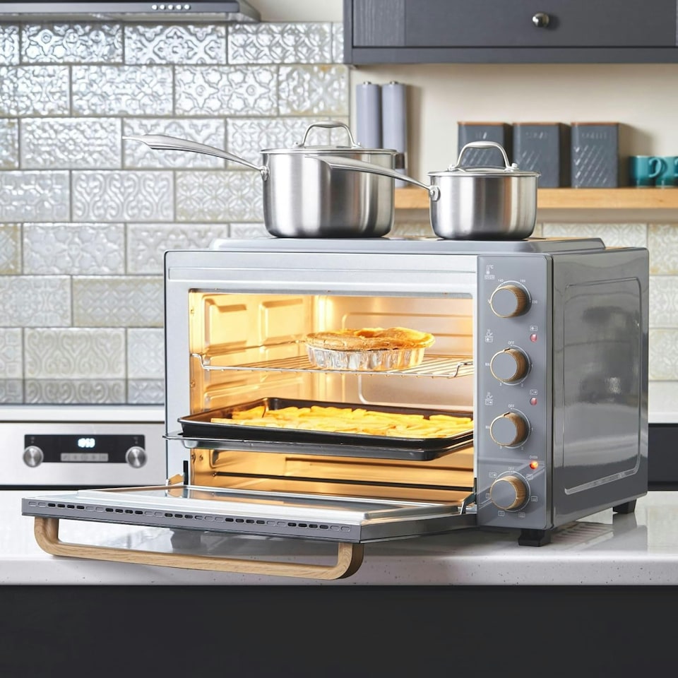 image 1 of Cooks Professional Mini Oven | 48 Litre with 2 Ceramic Hobs | 1800W Oven | 1000W and 1500W Ceramic Hobs | Grey Nordic