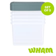 Wham Clip 5x 21.5L Rectangular Plastic Storage Boxes with Clip Lock Lids. Ideal for Home, Office, Toys & More - Clear/Green Milieu | Green | Green Milleu | 5
