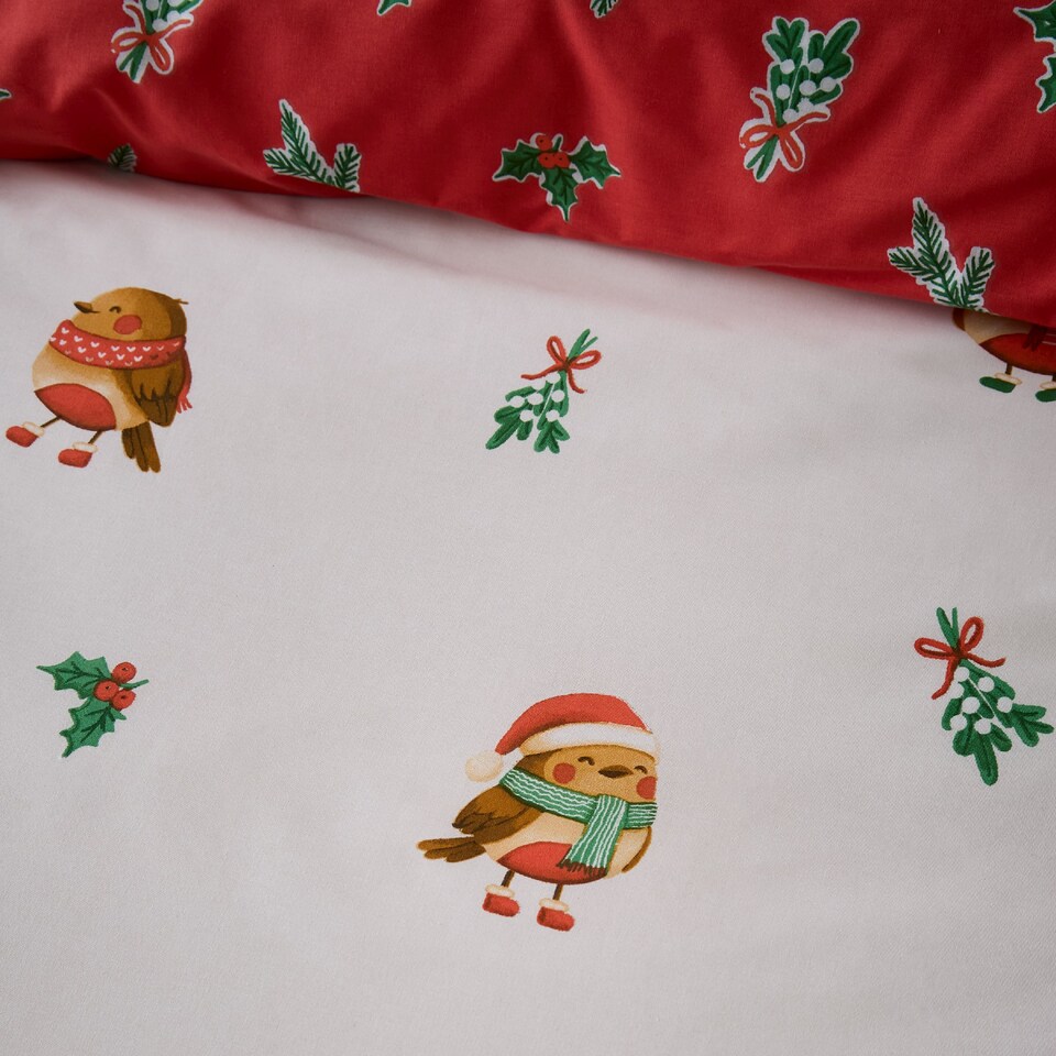 image 1 of Catherine Lansfield Christmas Robins Reversible Duvet Cover Set
