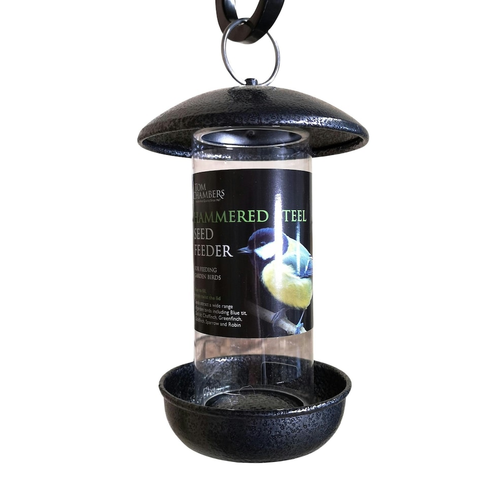 image 1 of Tom Chambers 2 Port Garden Wild Bird Hanging Hammered Steel Black and Silver Seed Feeder