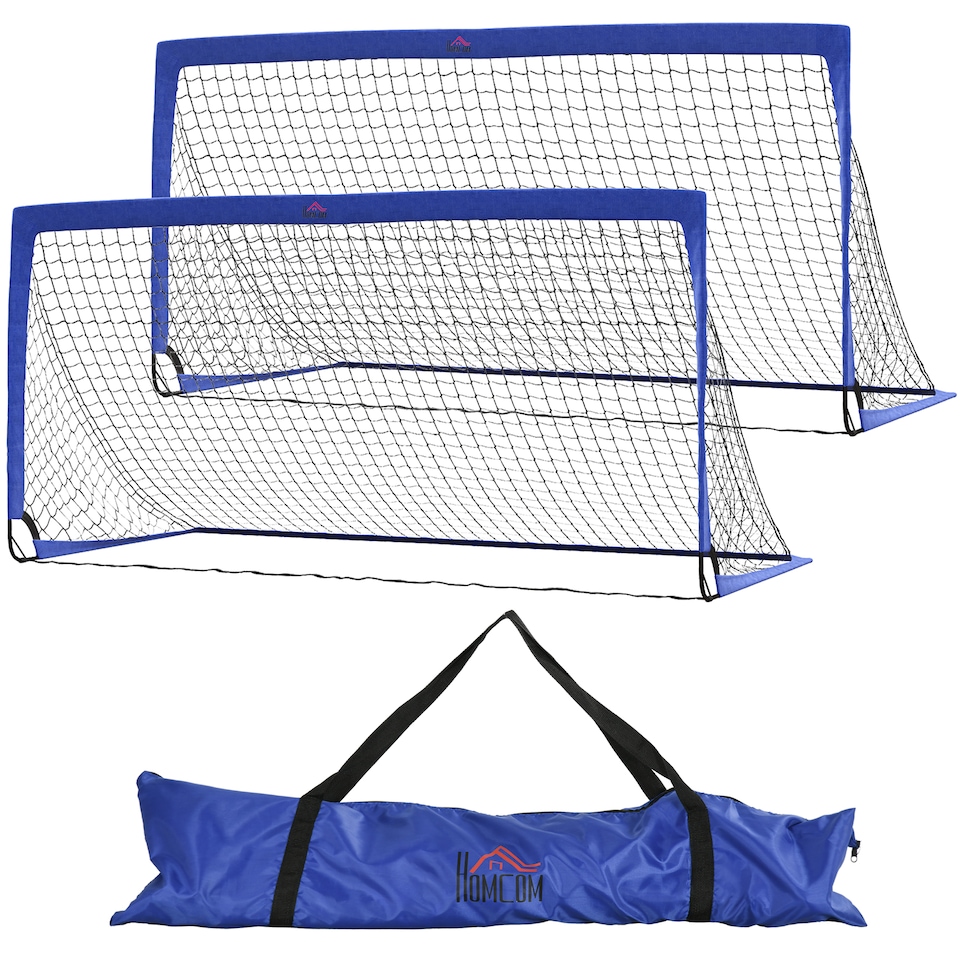 image 1 of HOMCOM Set of 2 Football Goal Net 6 x 3 ft Foldable Outdoor Sport Training Teens Adults Football with Carrying Bag Blue