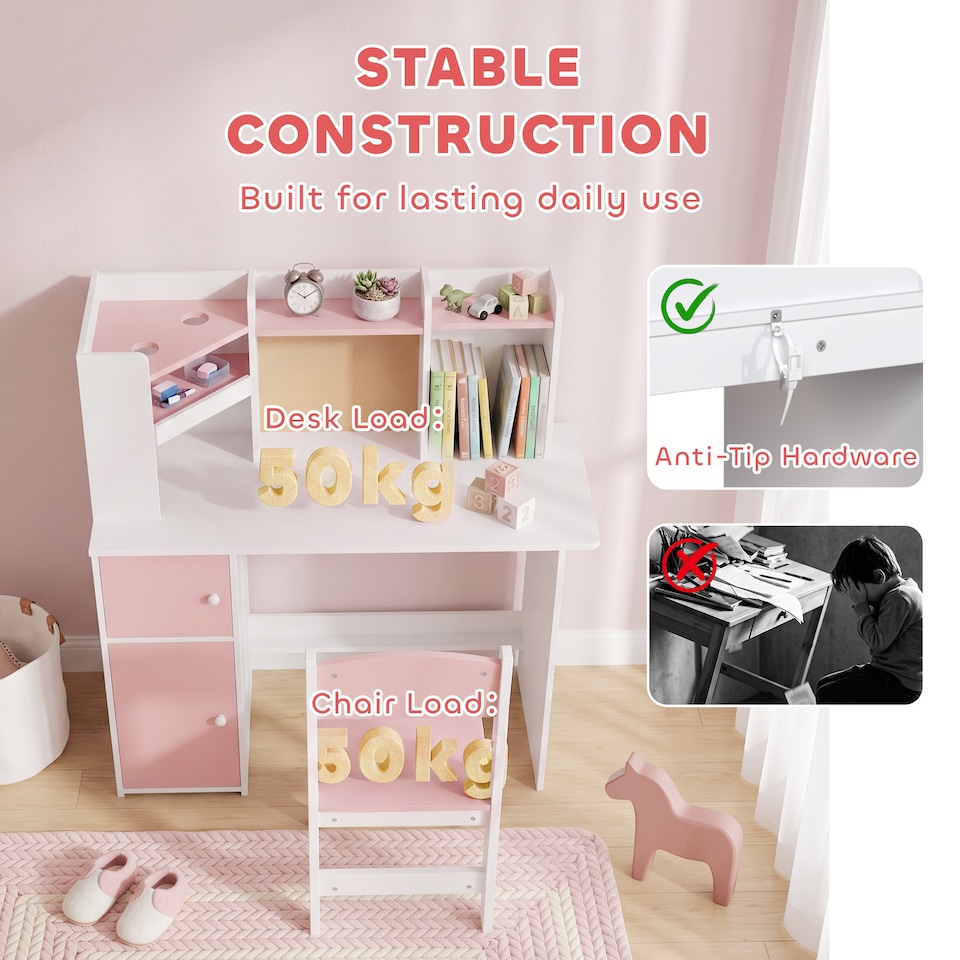 image 1 of AIYAPLAY Kids Desk and Chair Set w/ Cabinets for Ages 5-12 Years, Pink