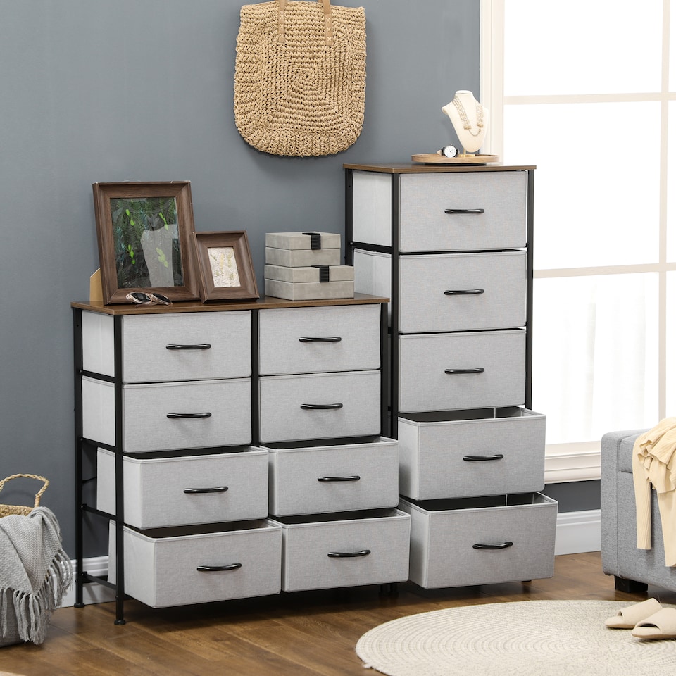 image 1 of HOMCOM Fabric Chest of Drawers, Industrial Bedroom Dresser with 5 Fabric Drawers, Steel Frame and Wooden Top for Nursery, Living Room, Hallway, Grey