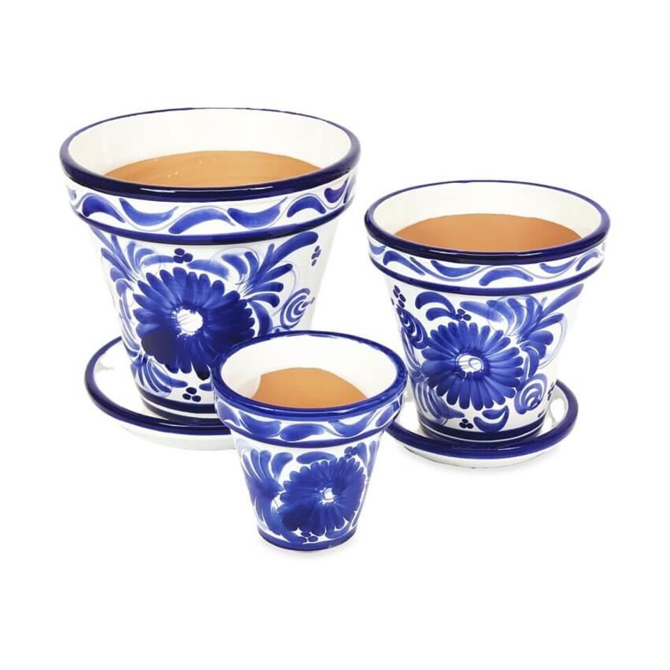 image 1 of Verano Spanish Ceramics Set of 3 Plant Pots & Drainage Plates - 16-29cm Blue Floral