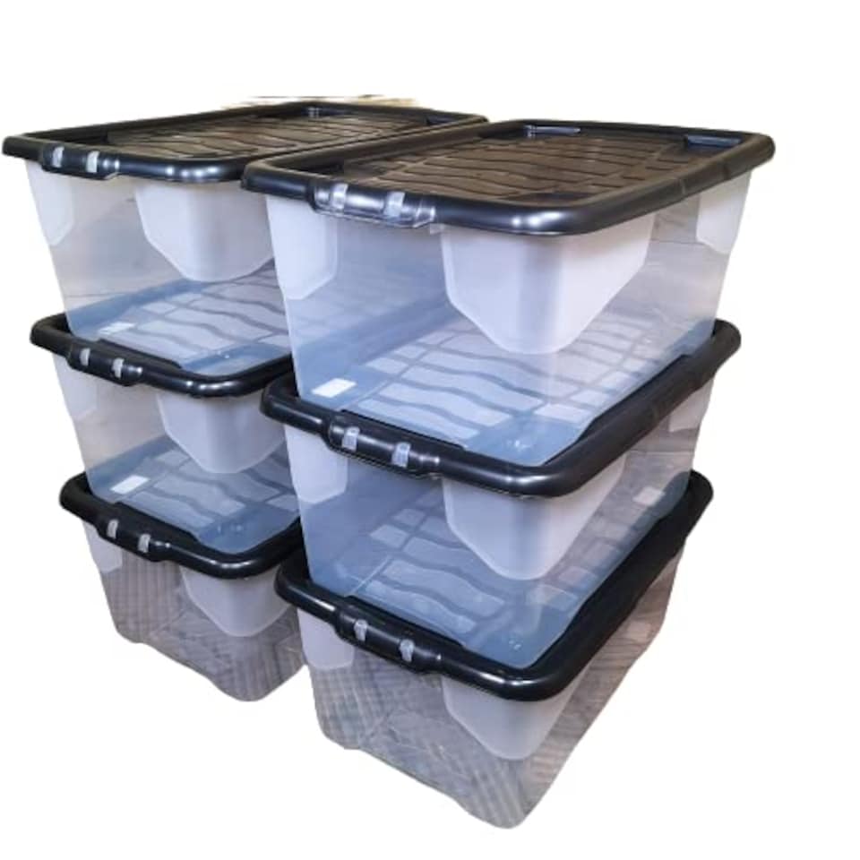 image 1 of 6 x 42L Clear Storage Box with Black Lid, Stackable and Nestable Design Storage Solution
