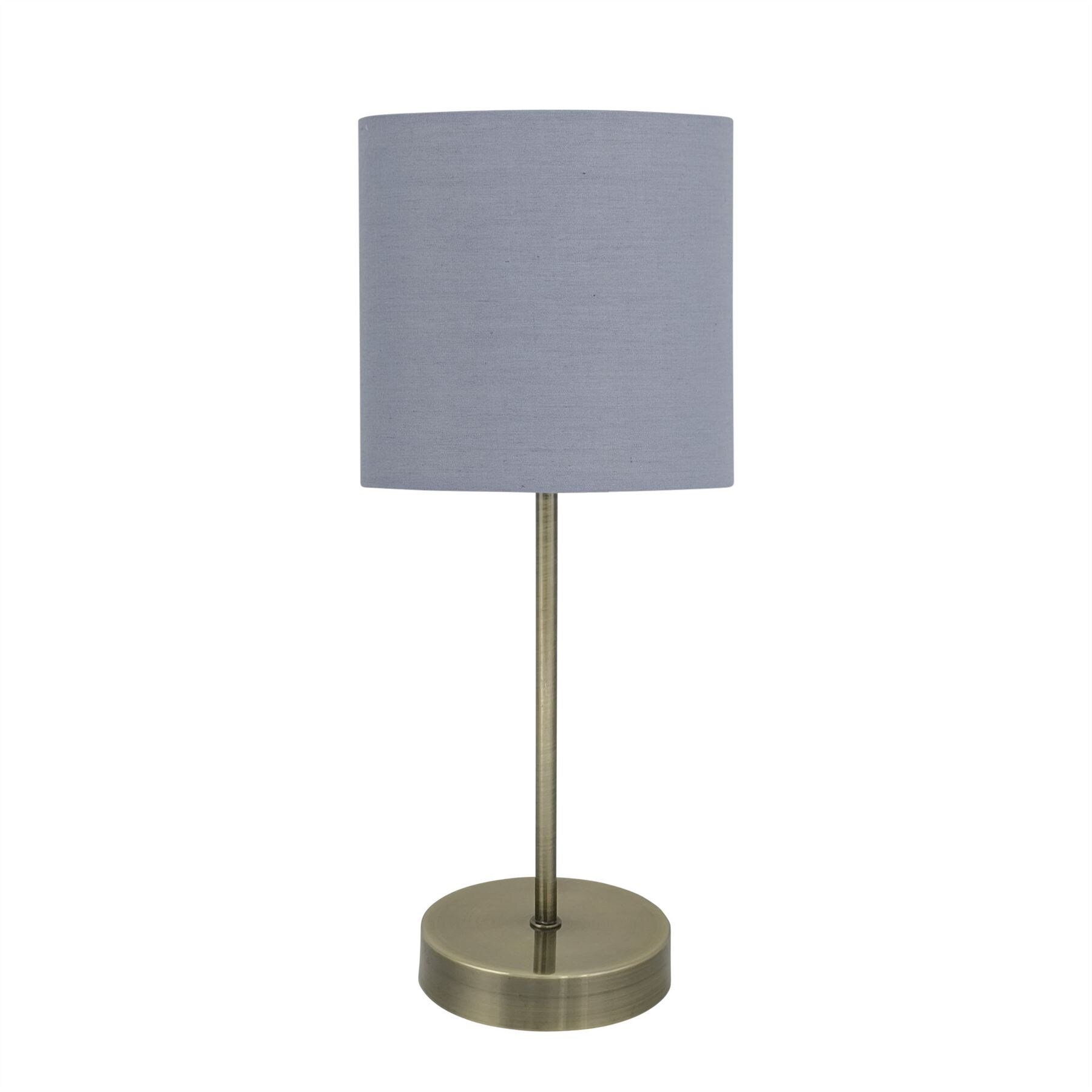 First Choice Lighting Antique Brass Stick Table Lamp with Grey Cotton Shade in Bronze