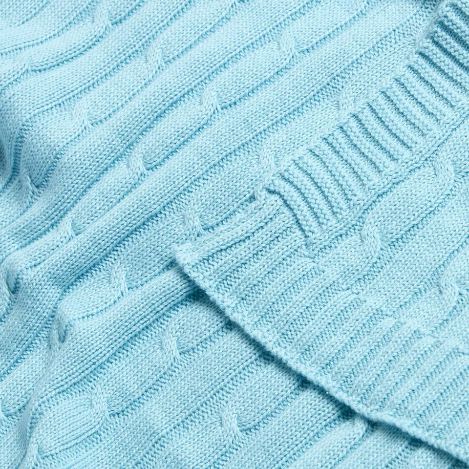 image 1 of Homescapes Cotton Cable Knit Throw - Pastel Blue - 130 x 170 cm | Blue