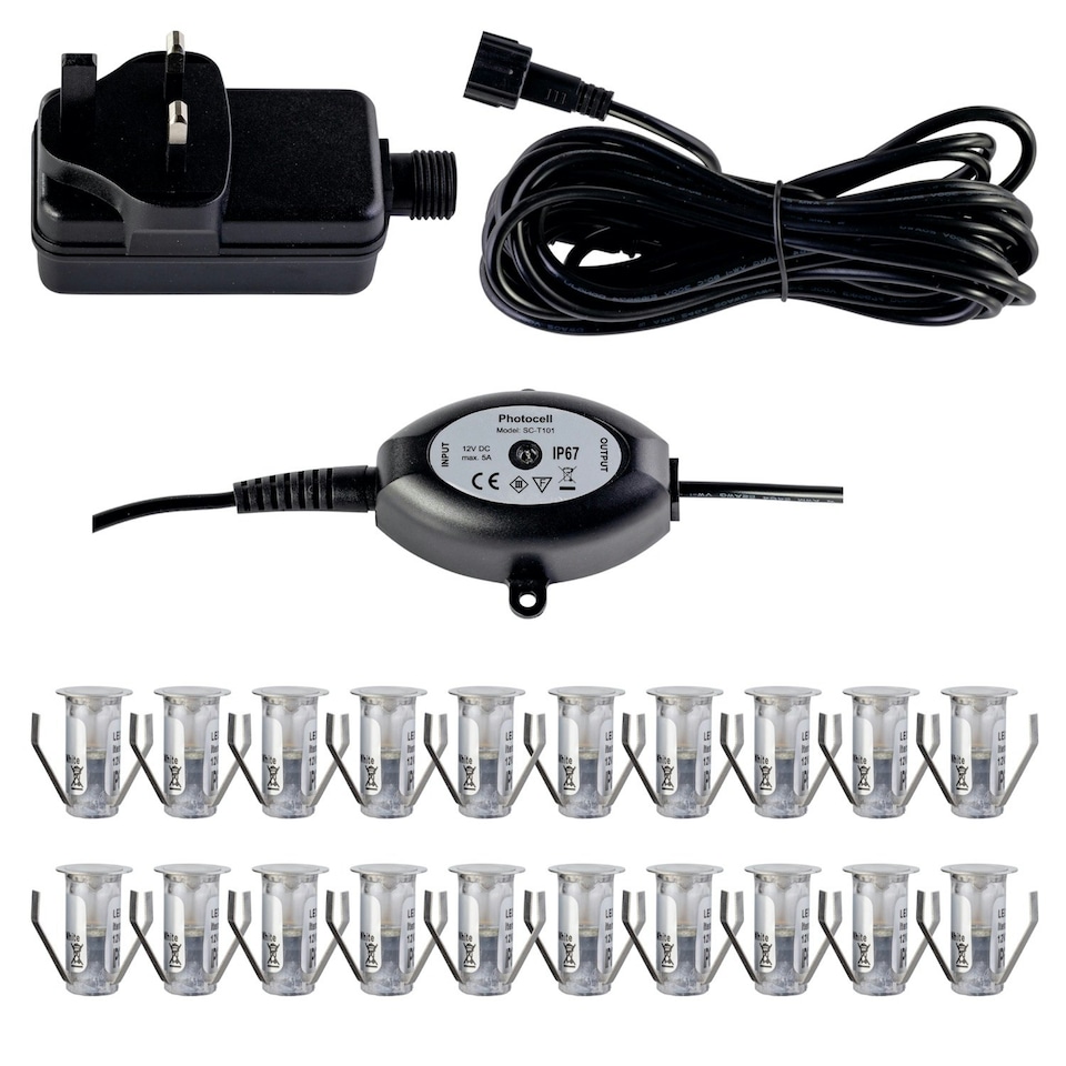 image 1 of Set of 20 - 15mm IP67 Warm White LED Decking Kit with Photocell Chrome | Clear
