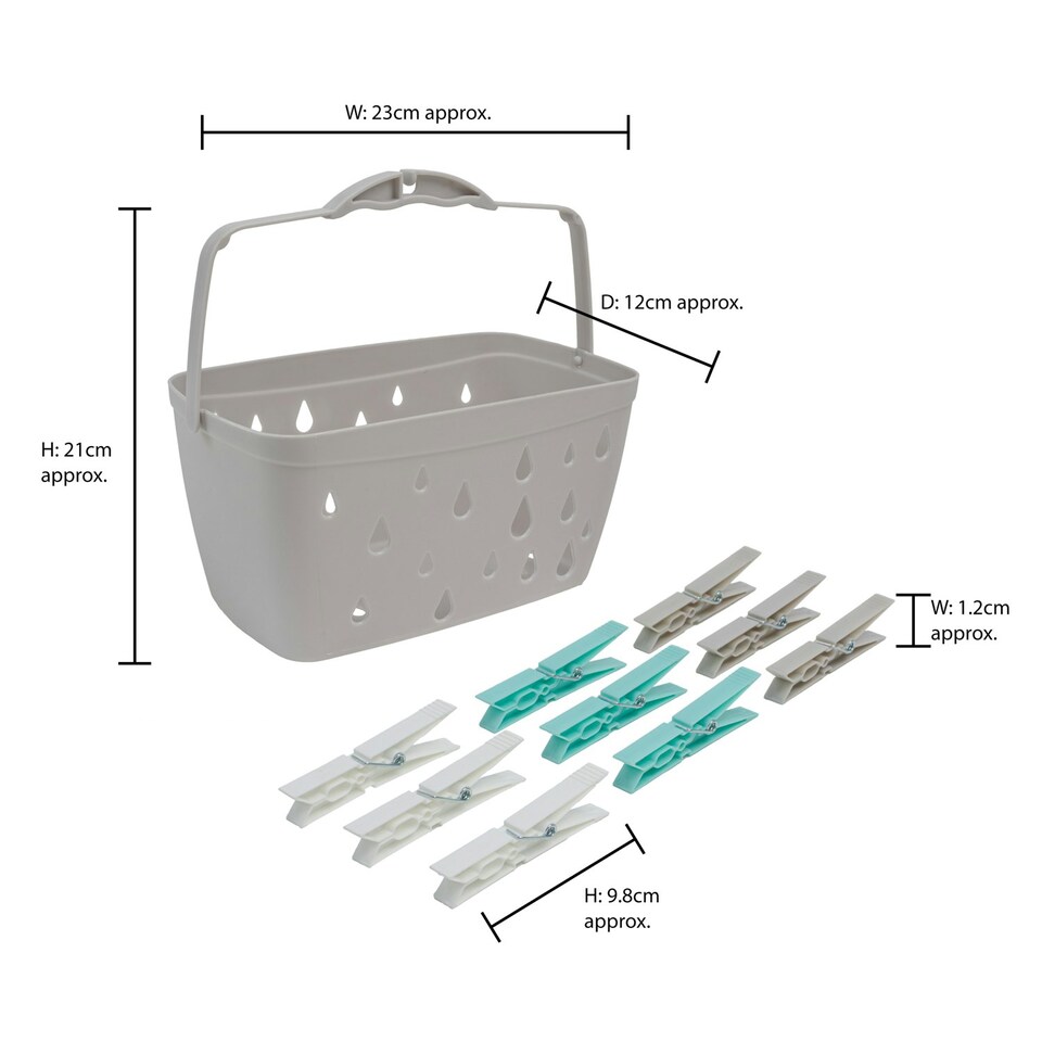 image 1 of JVL Plastic Peg Basket, Grey with 24 Large Strong Plastic Pegs, Aqua