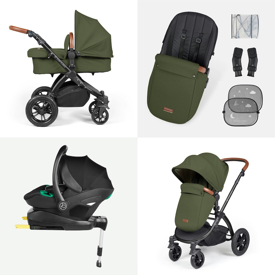 image 1 of Stomp Luxe 12pc Travel System with Stratus i-Size Car Seat & ISOFIX Base, Carrycot, Reversible Seat, Rain Cover & More (Black/Woodland/Tan)