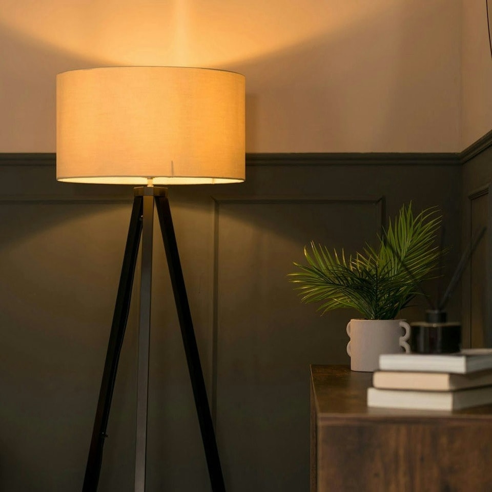 image 1 of ValueLights Barbro Black Tripod Floor Lamp Natural Shade Cream
