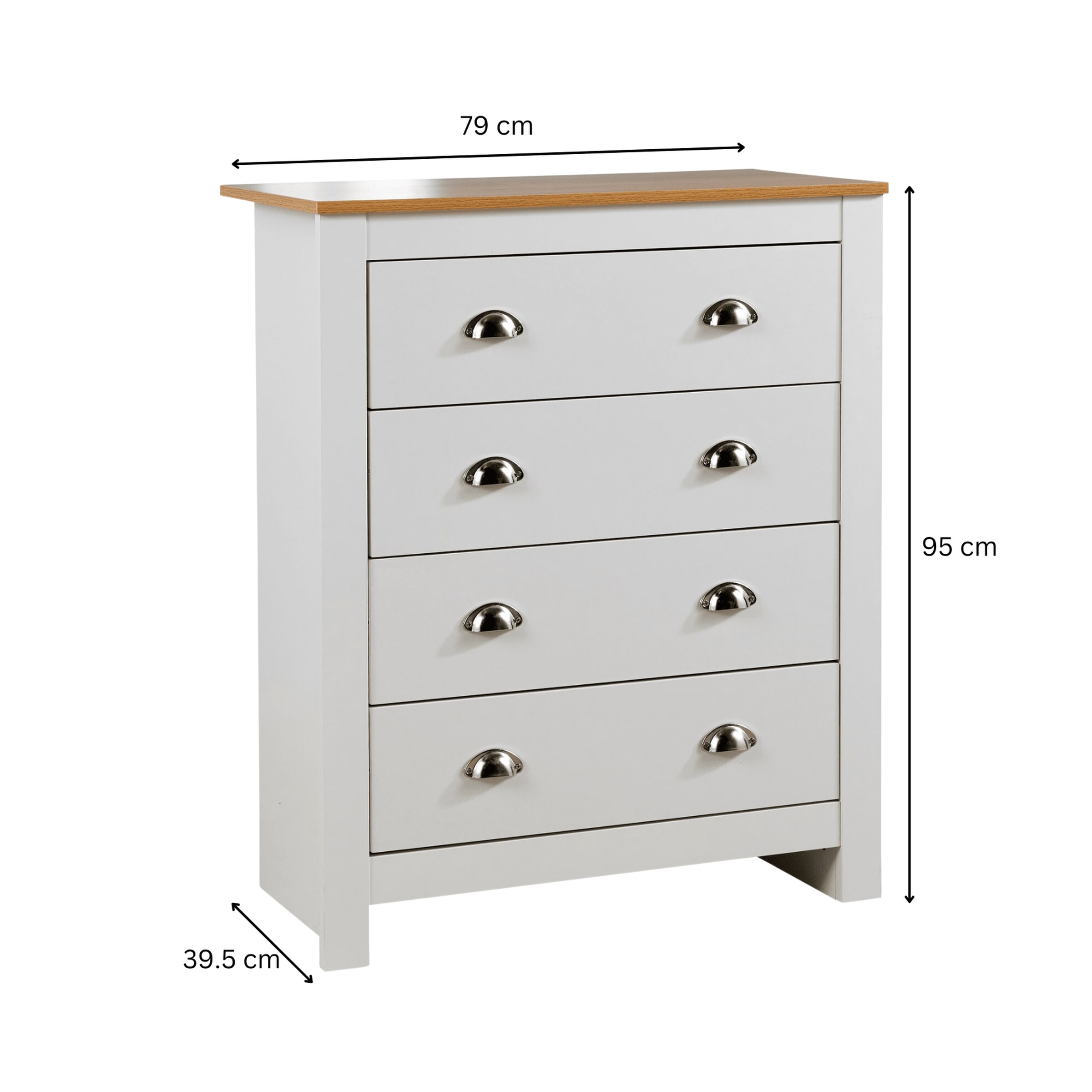 Chest 4 Drawers Bedroom Furniture Oak Top Metal Handles | White
