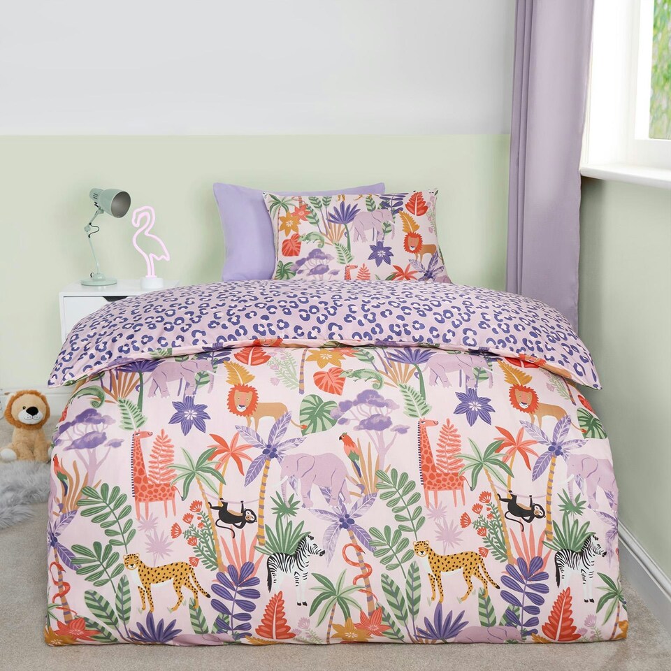 image 1 of OHS Safari Print Reversible Microfibre Duvet Cover and Pillowcase Set, Single - Purple