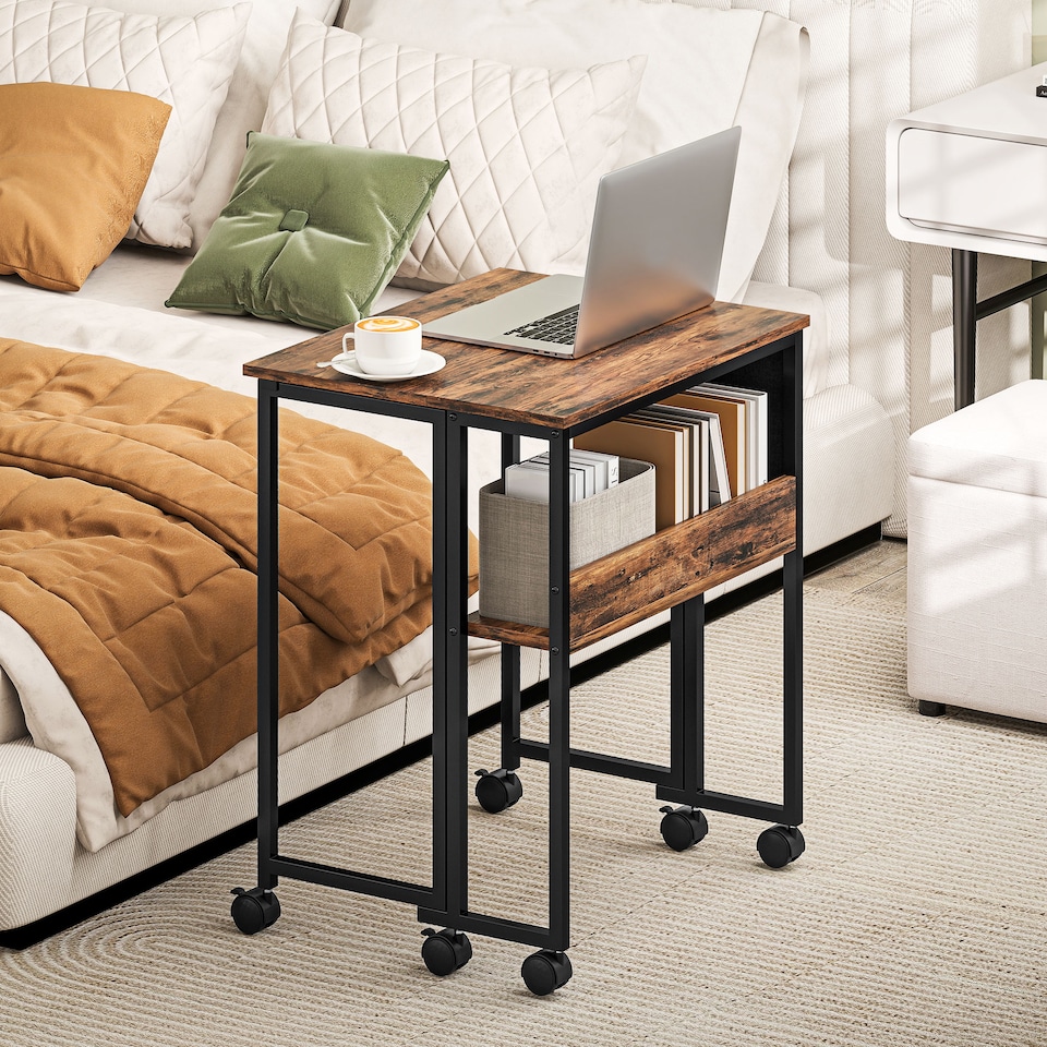 image 1 of HOMCOM Folding Desk with Storage Shelf and Bag, 63 cm Foldable Computer Desk for Small Spaces, Space Saving Writing Table on Wheels for Home Office, Bedroom, Easy Assembly, Rustic Brown | Brown