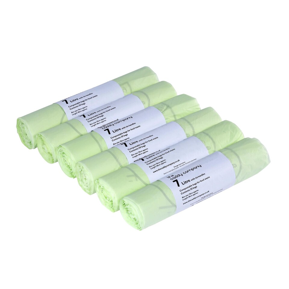 image 1 of The Caddy Company 7 Litre Tie Handle Compostable Food Waste Bin Bags - 6 Rolls