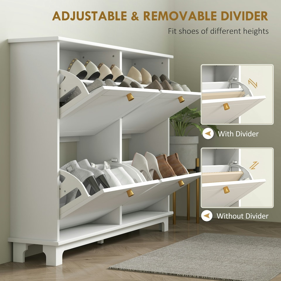 image 1 of HOMCOM Narrow Shoe Cabinet with 4 Flip Drawers Adjustable Shelves White | Gold | 119.5W x 23.5D x 87H cm