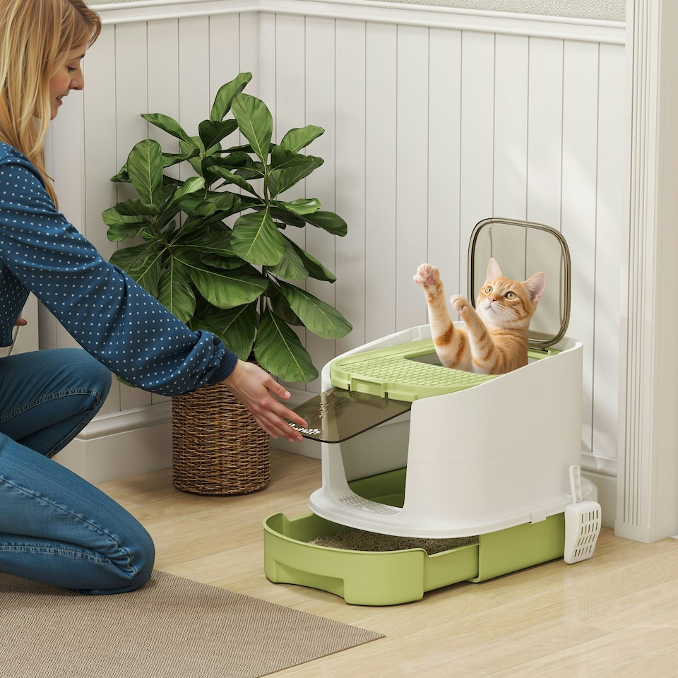 image 1 of PawHut Cat Litter Box, Hooded Cat Litter Tray with Lid, Scoop, Green Grey | One Size
