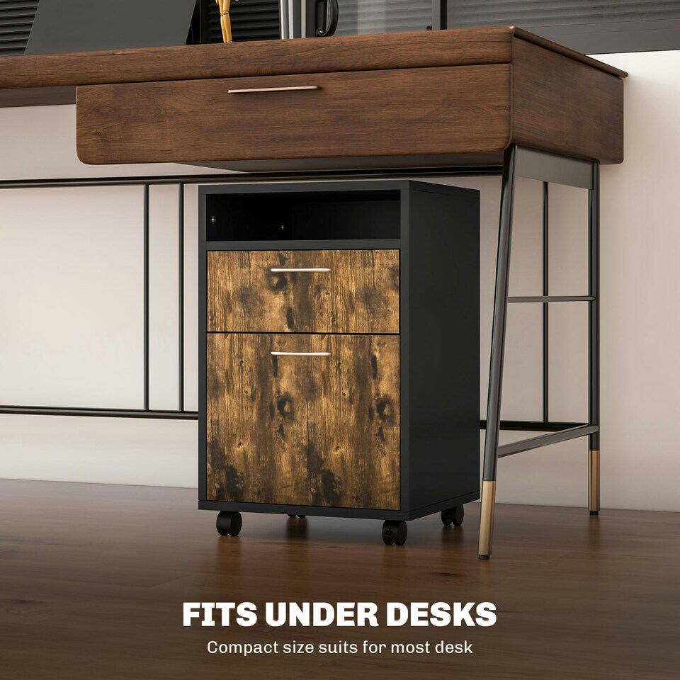 image 1 of HOMCOM 60cm Filing Cabinet with Drawers and Open Shelf, Rustic Brown