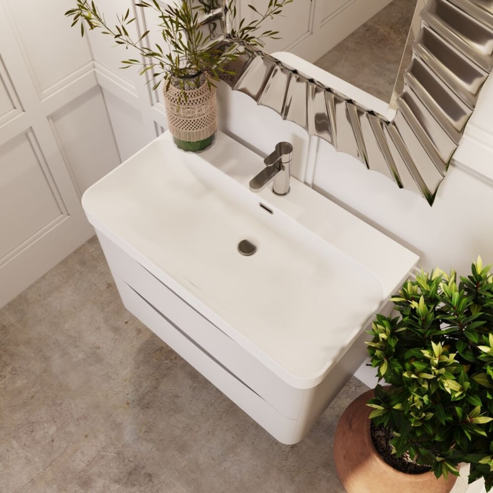 image 1 of Balterley Arch Modern Bathroom Wall Hung 2 Drawer Vanity Unit & Ceramic Basin | White | Satin White