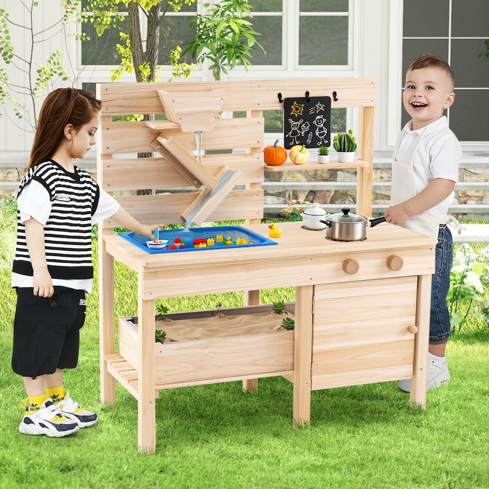 image 1 of COSTWAY Mud Kitchen Kids Outdoor Play Kitchen with Detachable Sandbox-Natural