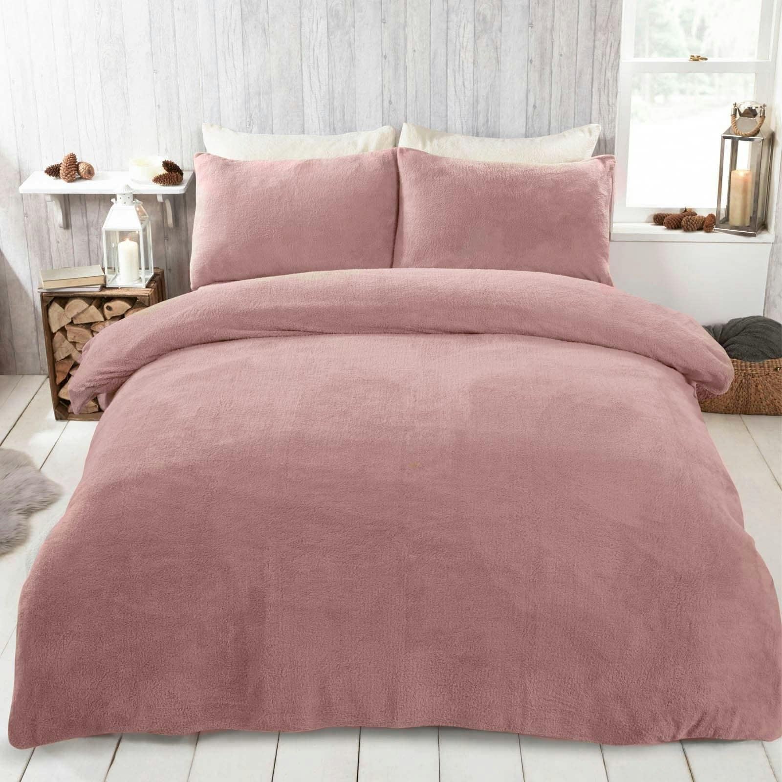 OHS Ultra Soft Teddy Fleece Duvet Cover and Pillowcase Set, Super King - Blush Pink