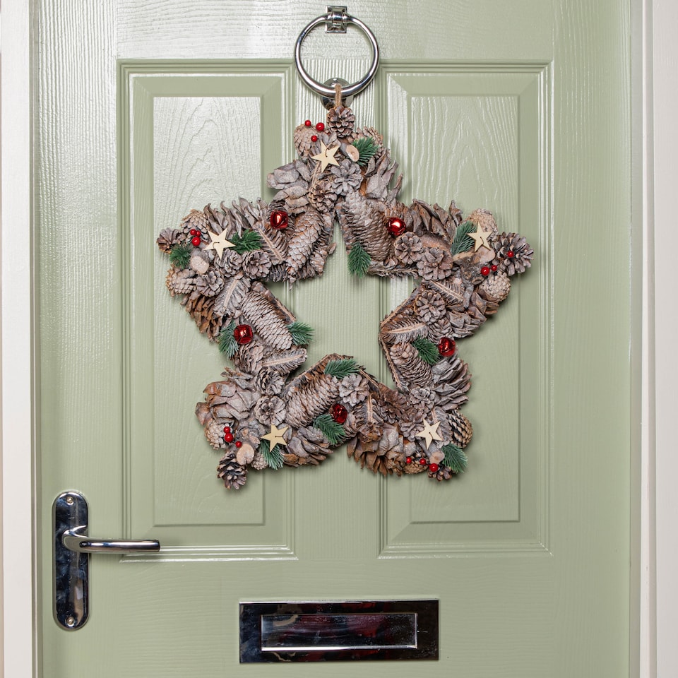 image 1 of 45cm Frosted Hanging Christmas Star Wreath with Red Jingle Bells & Wooden Stars