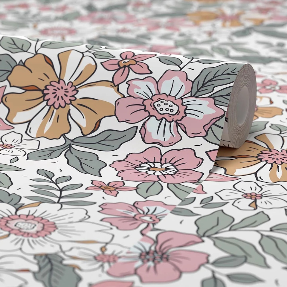 image 1 of Gorgeous Gardenia Wallpaper in Sage Green and Pink on White | White | Sage Green And Pink On White | 50cm x 10m