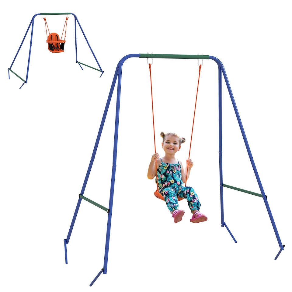 image 1 of Outsunny Garden Swing Set for Toddlers w Safety Belt - Orange and Blue