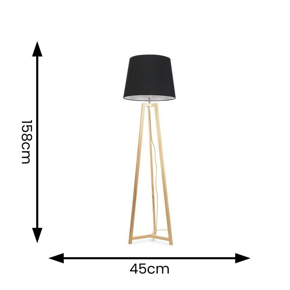 image 1 of ValueLights Lottie Natural Wood Tripod Floor Lamp with Black Fabric Tapered Shade and LED Bulb