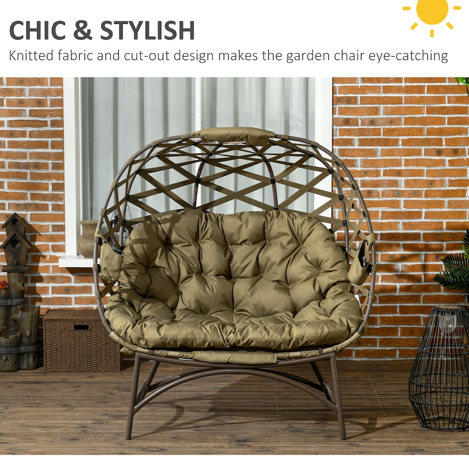 image 1 of Outsunny Egg Chair Outdoor, 2 Seater Folding Weave Garden Furniture Chair with Cushion, Cup Pockets for Patio Balcony - Khaki