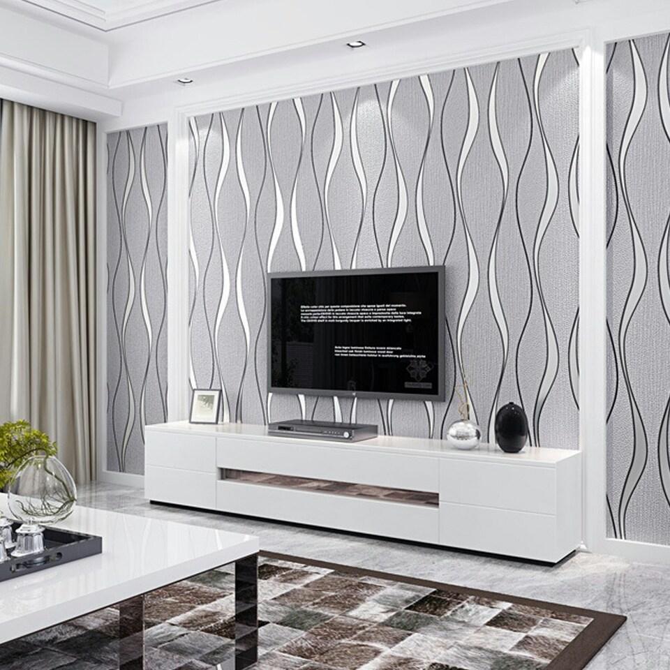 image 1 of Living and Home Geometric Wavy Striped Fabric Wallpaper - 950*53cm