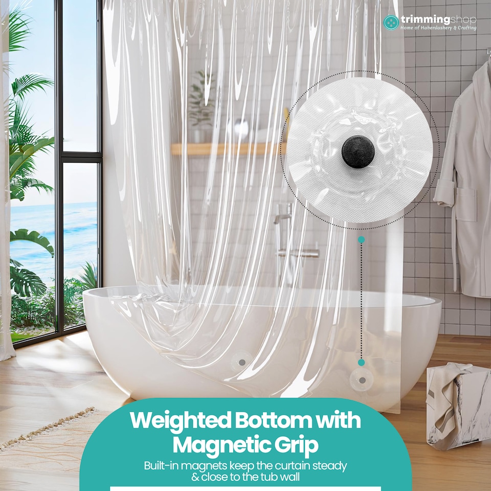 image 1 of PEVA Transparent Bathroom Shower Curtain with 12 Hooks - 180x200cm