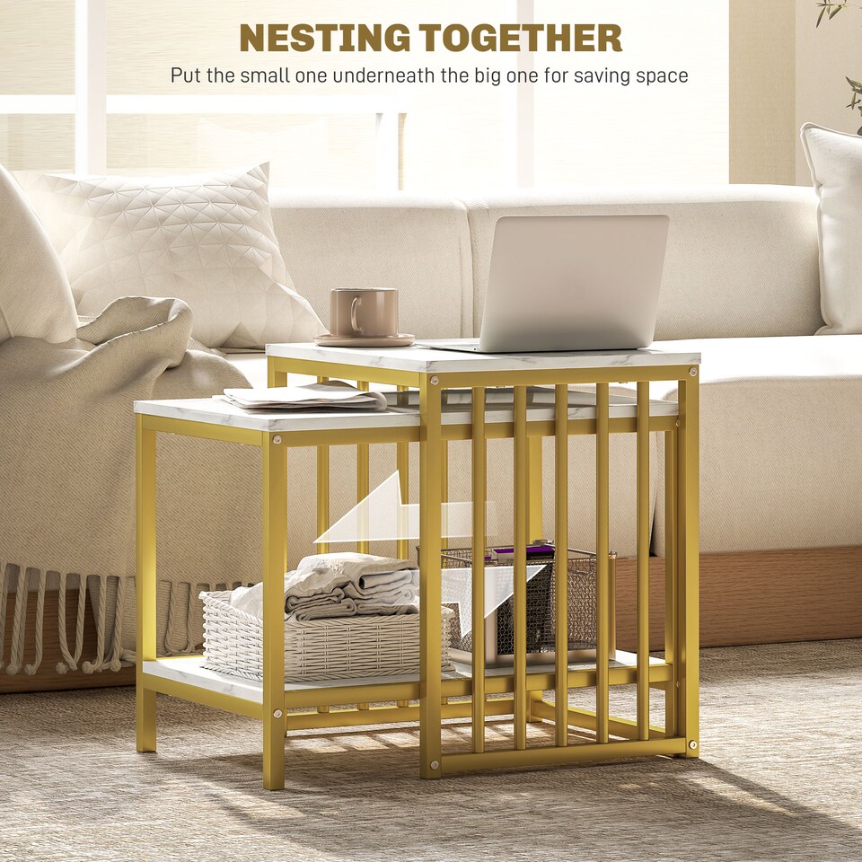 image 1 of HOMCOM Modern Coffee Table Set of Two, Marble-Effect Nesting Side Tables with Steel Frame for Living Room, Gold Tone