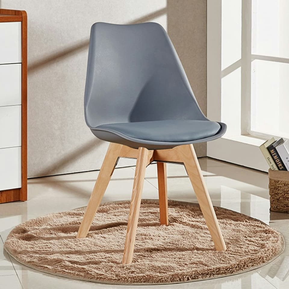 image 1 of Set of 2 Scandinavian Dining Chairs with Leather Cushions Solid Wood Legs Grey