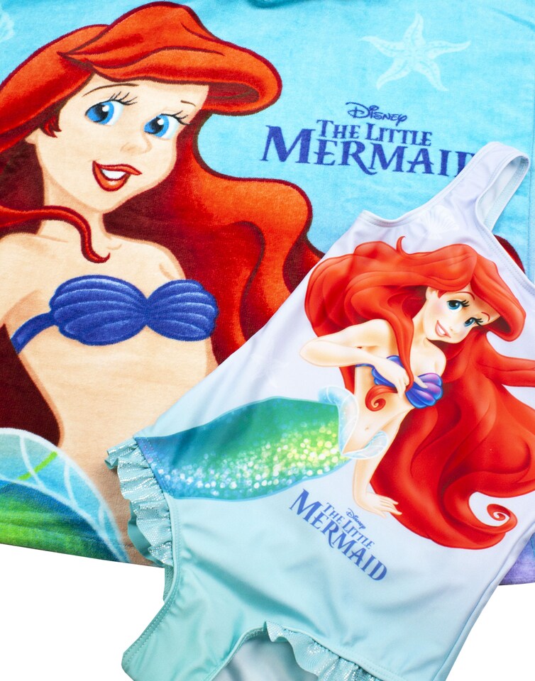 image 1 of Disney Girls Swimsuit The Little Mermaid & Hooded Towel Poncho | Kids Ariel, Sebastian & Flounder Towelling Robe | Childrens Swimming Costume