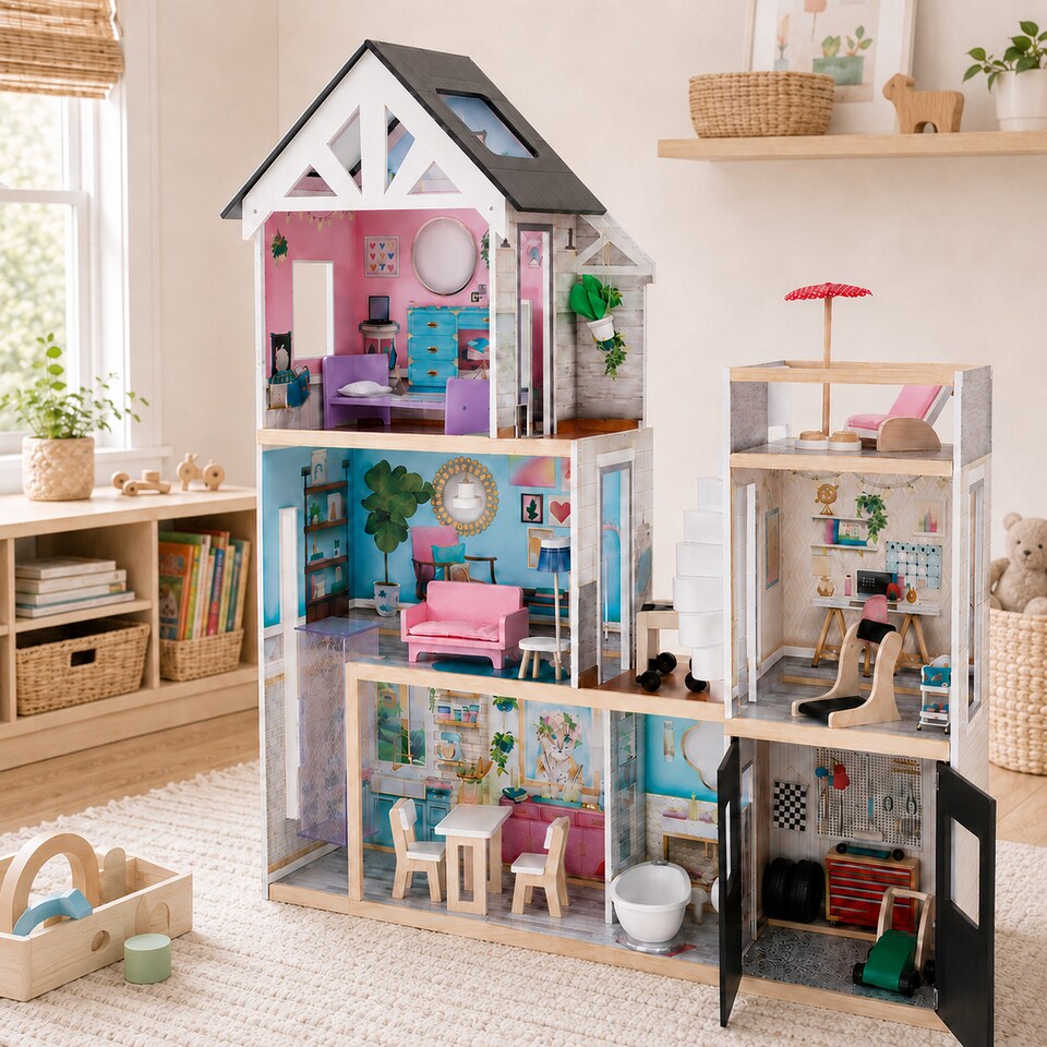 image 1 of Teamson Kids 3-Story Wooden Dollhouse with Accessories, Dreamland Mansion