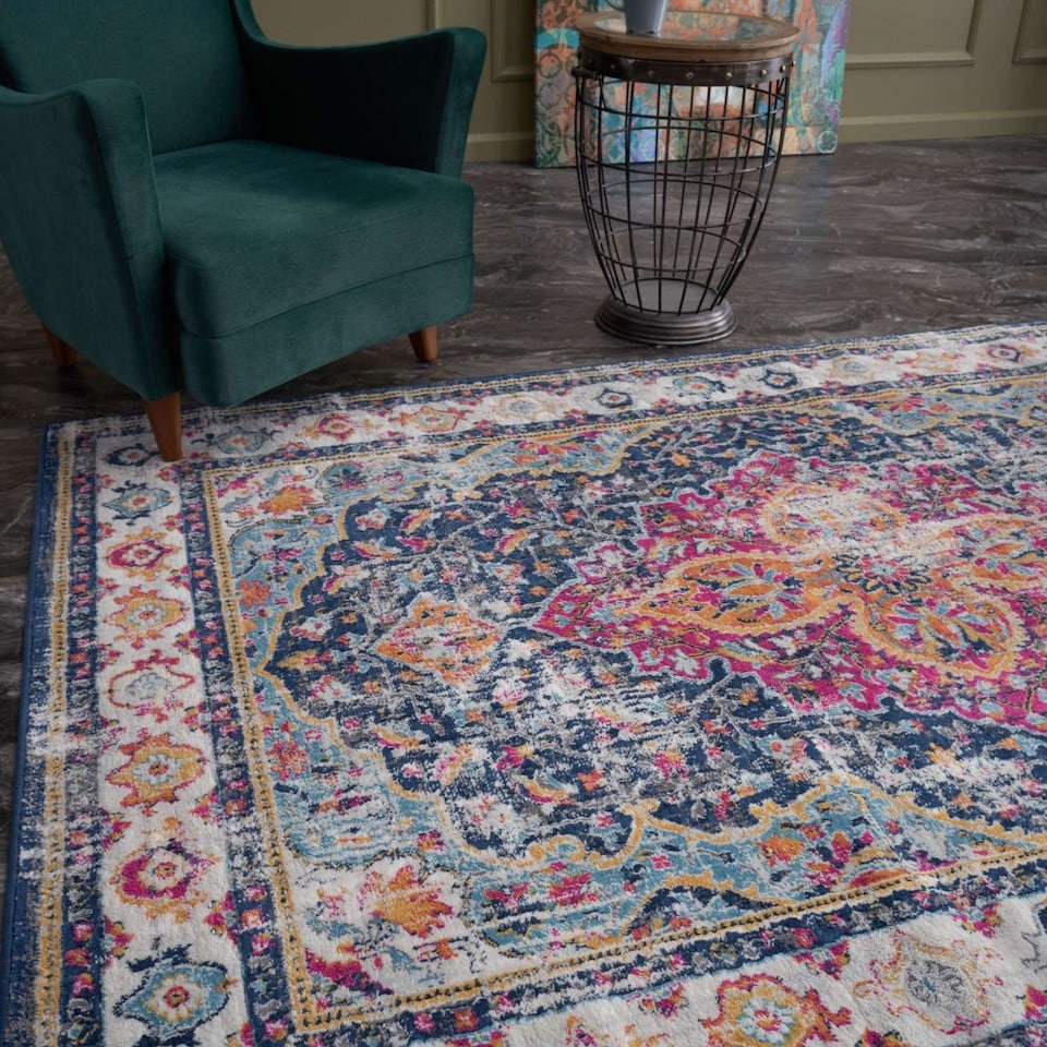 image 1 of The Rugs Marrakech Collection Pink and Navy Distressed Medallion Living Room Floor Rug and Runner | 440