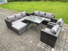 Fimous 8 Seater Rattan Outdoor Furniture Sofa Garden Dining Set with Patio Dining Table 2 Armchairs Big Footstools Dark Grey Mixed