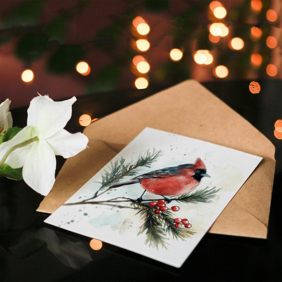 image 1 of Cardinal Bird Pine Tree Holly Berry Blank For Him Or Her Art Xmas Festive Christmas Card