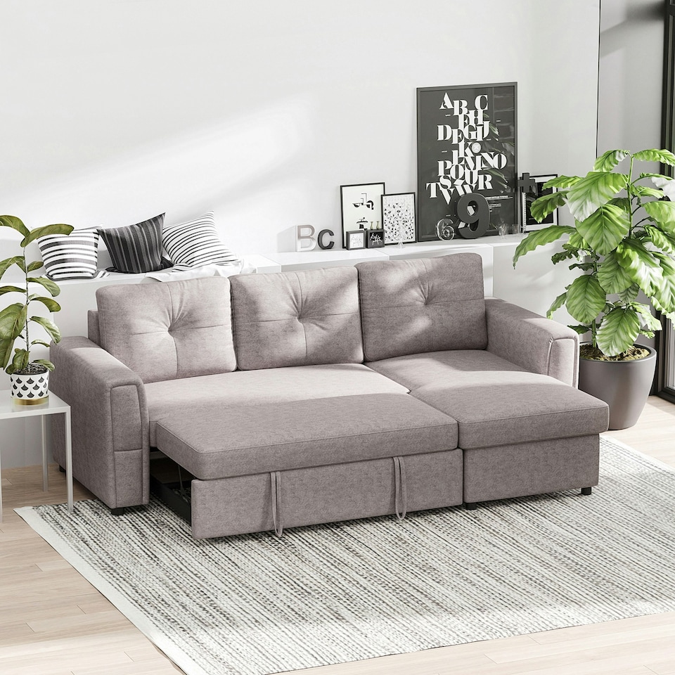 image 1 of HOMCOM 3 Seater Sofa Bed, Convertible Pull Out Sofa with Storage, Grey
