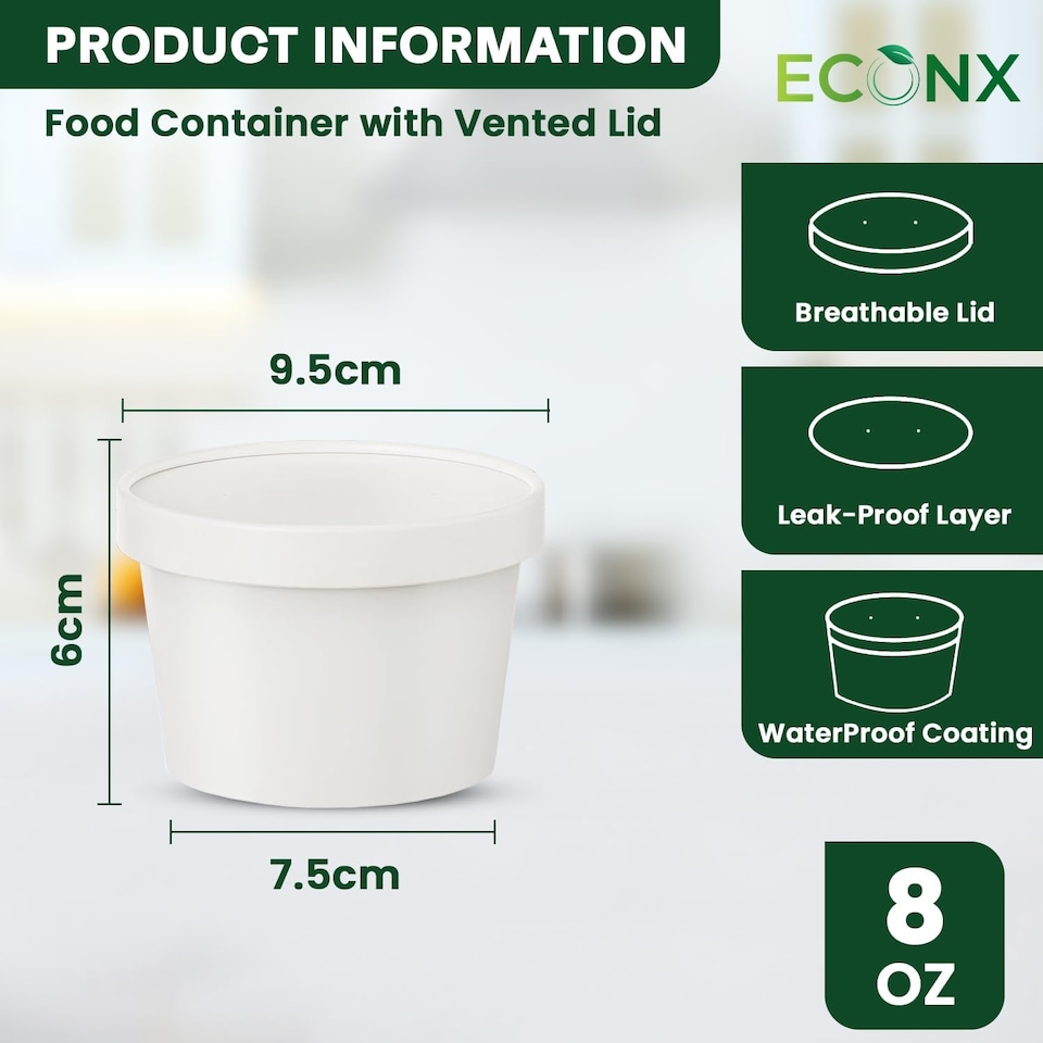 image 1 of ECONX 8oz White Disposable Paper Soup Cups Food Containers with Lids Takeaway Tubs 25pc