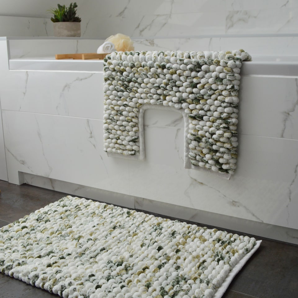 image 1 of Marl Chunky Bobble Toilet Pedestal Mat 50 x 50cm - Non Slip Marble Effect Bathroom Rug | Green | Green | 50 x 50cm (20 x 20") | 1