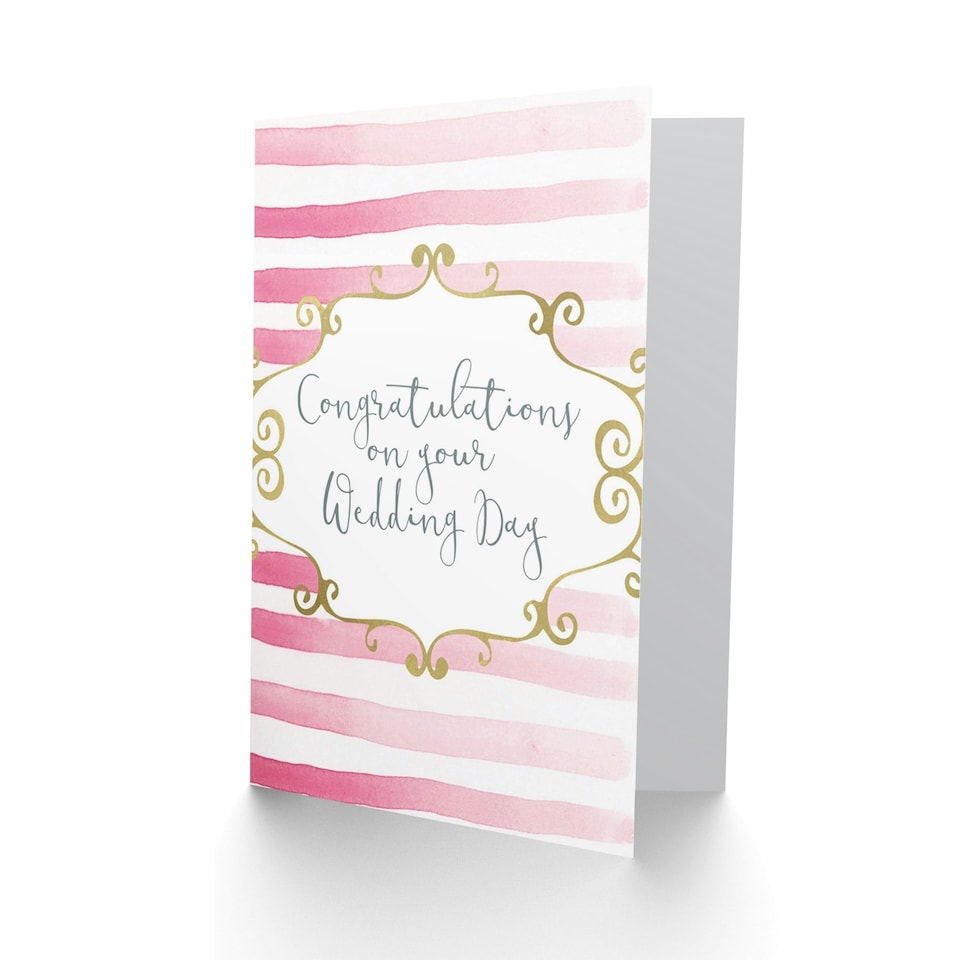 image 1 of Pink Stripes Simple Gold Filigree Frame Congratulations Wedding Card