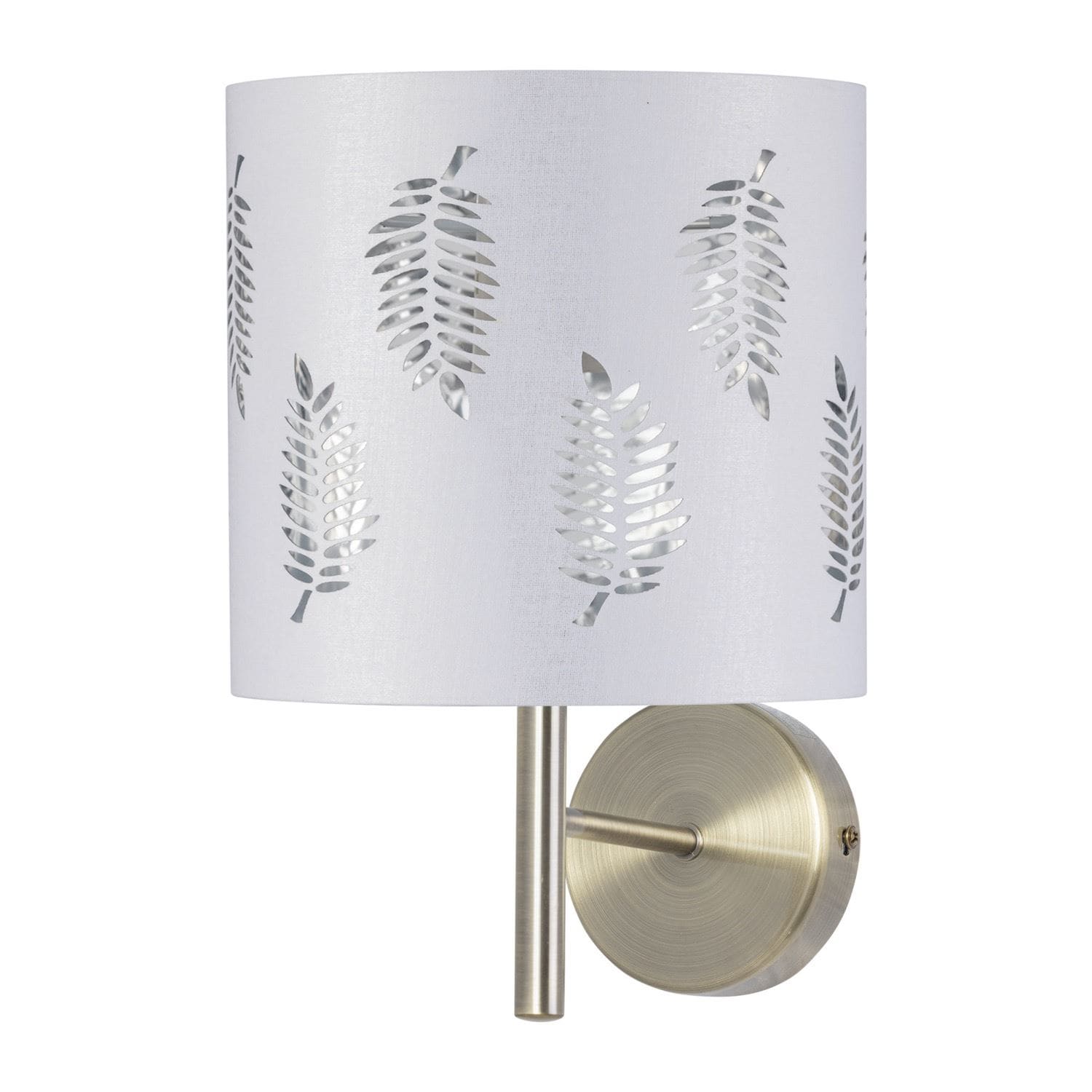 First Choice Lighting Brea - Antique Brass Wall Light with White Fern Shade in Gold